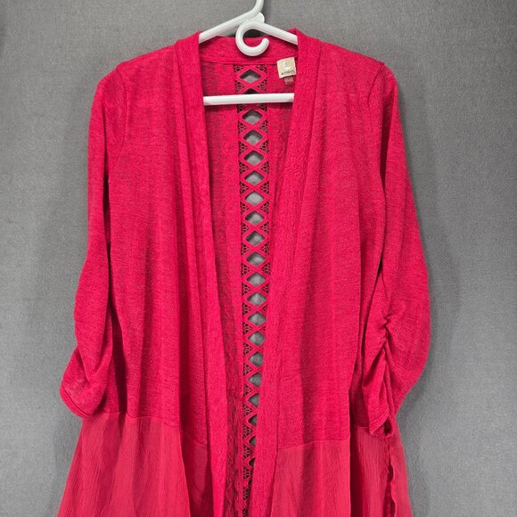 A. Moon Cardigan, Lace Cut Out Detail on Back, Hot Pink, Sheer Bottom, Small - Picture 1 of 10